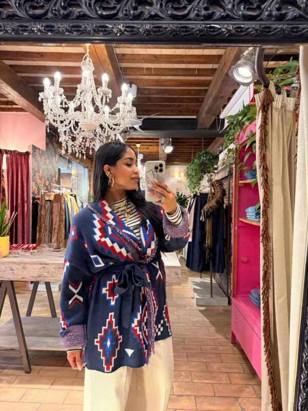CARDIGAN LUNGO STAMPA GEOMETRICA CON CINTURA