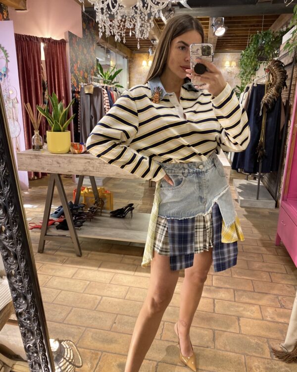 GONNA CORTA IN DENIM CON INSERTI SCOZZESI